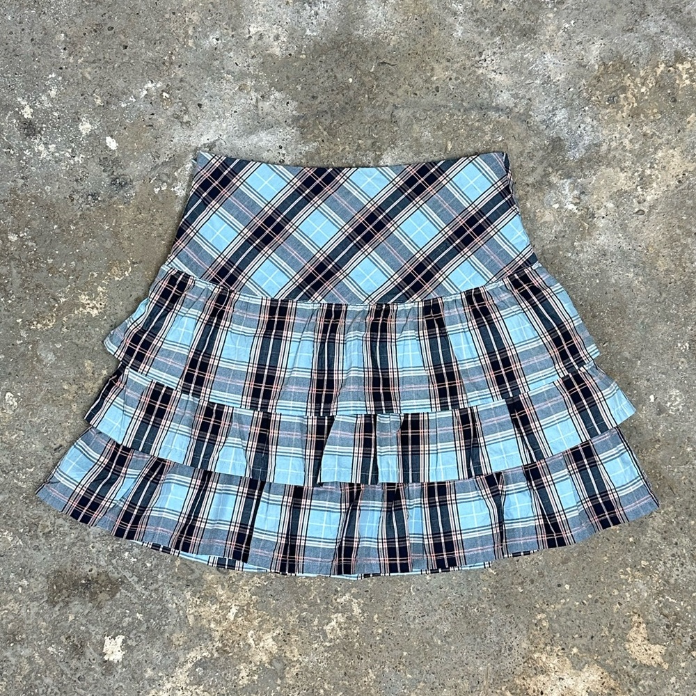 Blue High Waisted Plaid Frilly Tiered Mini Skirt